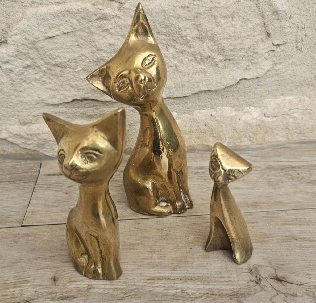 Mcm Solid Brass Cats Figures Ornaments  X3 Brass Cat Family Heavy with Patina