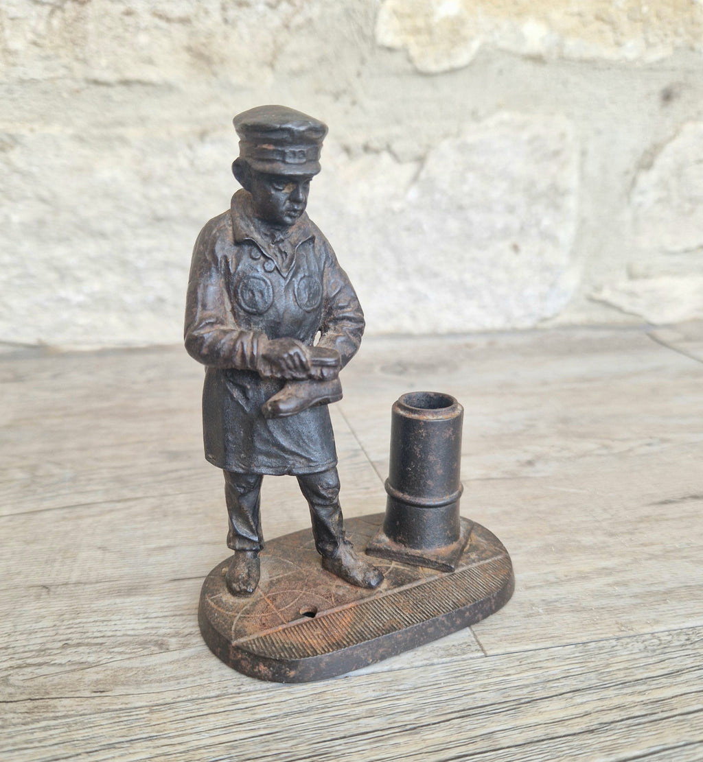 Rare Antique E.G. Zimmermann Hanau Cast Iron Shoeshine Boy Figural Table Match Holder & Striker