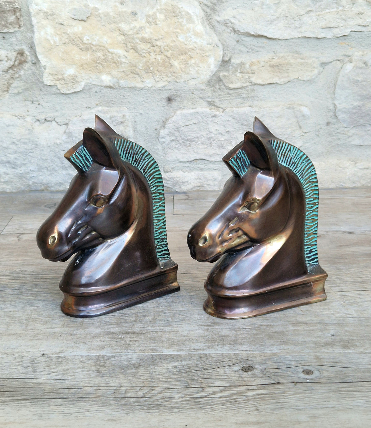 Vintage Brass Horse Head Bookends Mid Century Modern Equine Office Decor Patina Pair