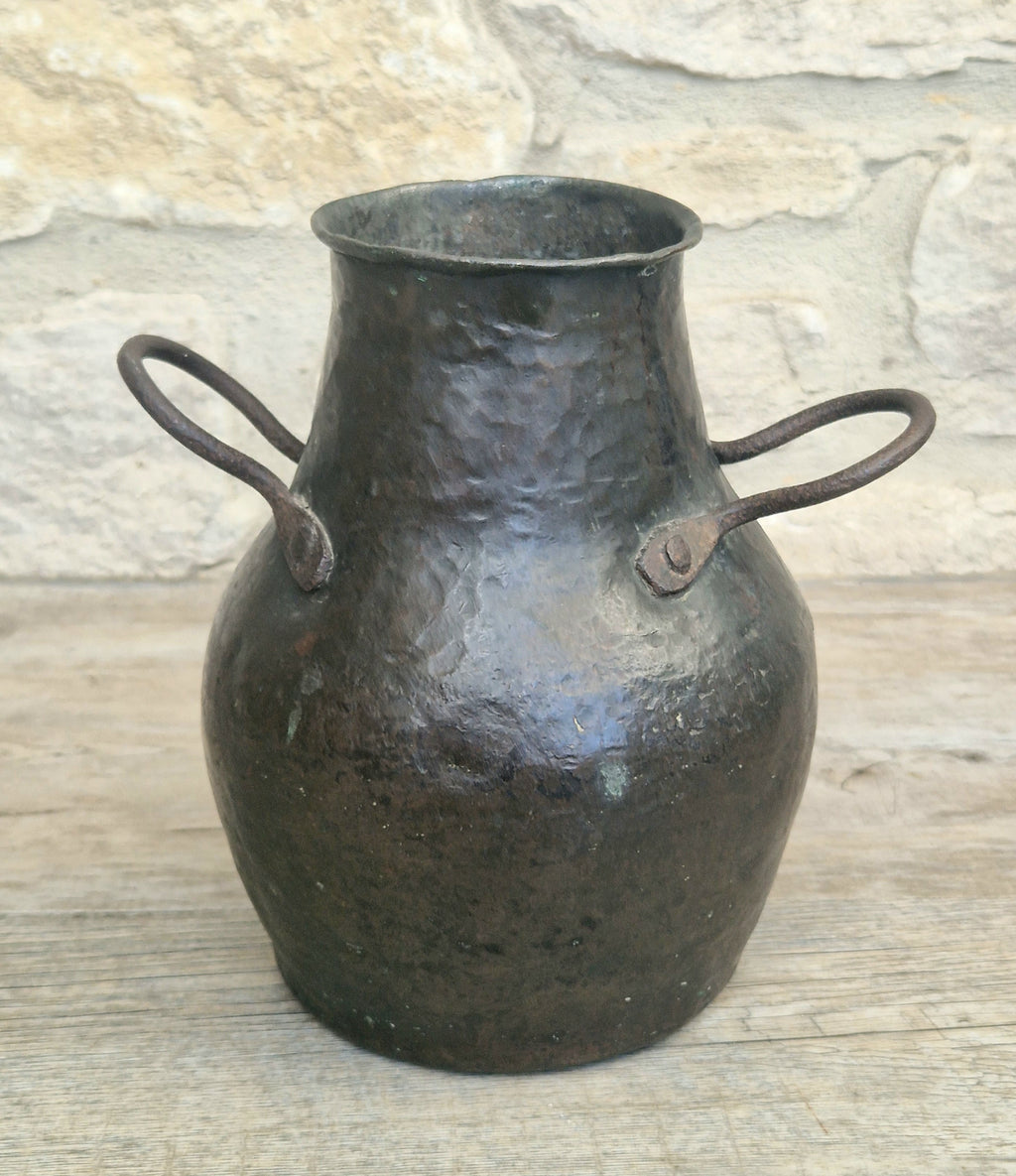 18th Century Hammered Bronze Cauldron Pot Wrought Iron Handles Historic Repair Antique Kitchenalia Vessel