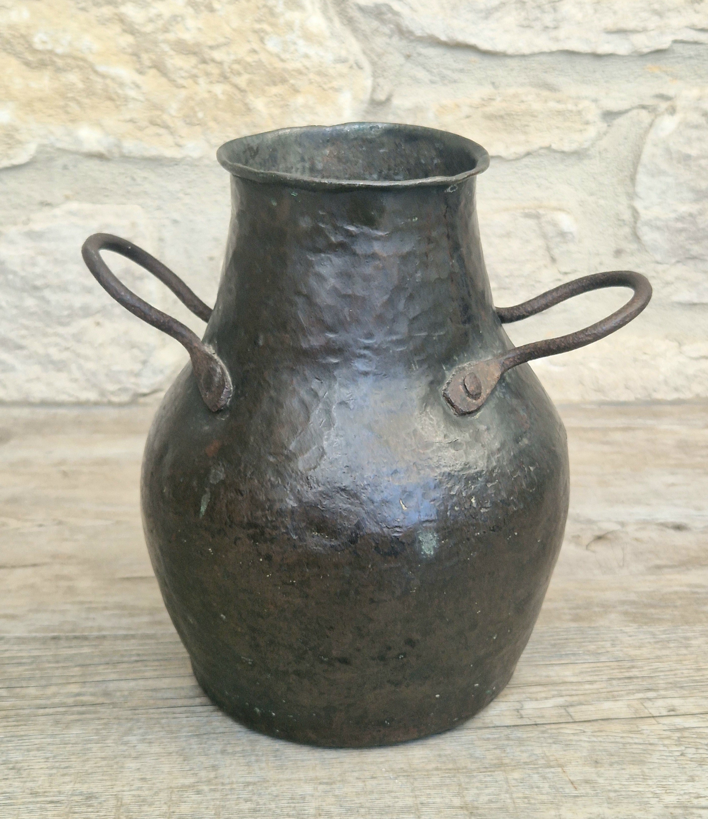 18th Century Hammered Bronze Cauldron Pot Wrought Iron Handles Historic Repair Antique Kitchenalia Vessel