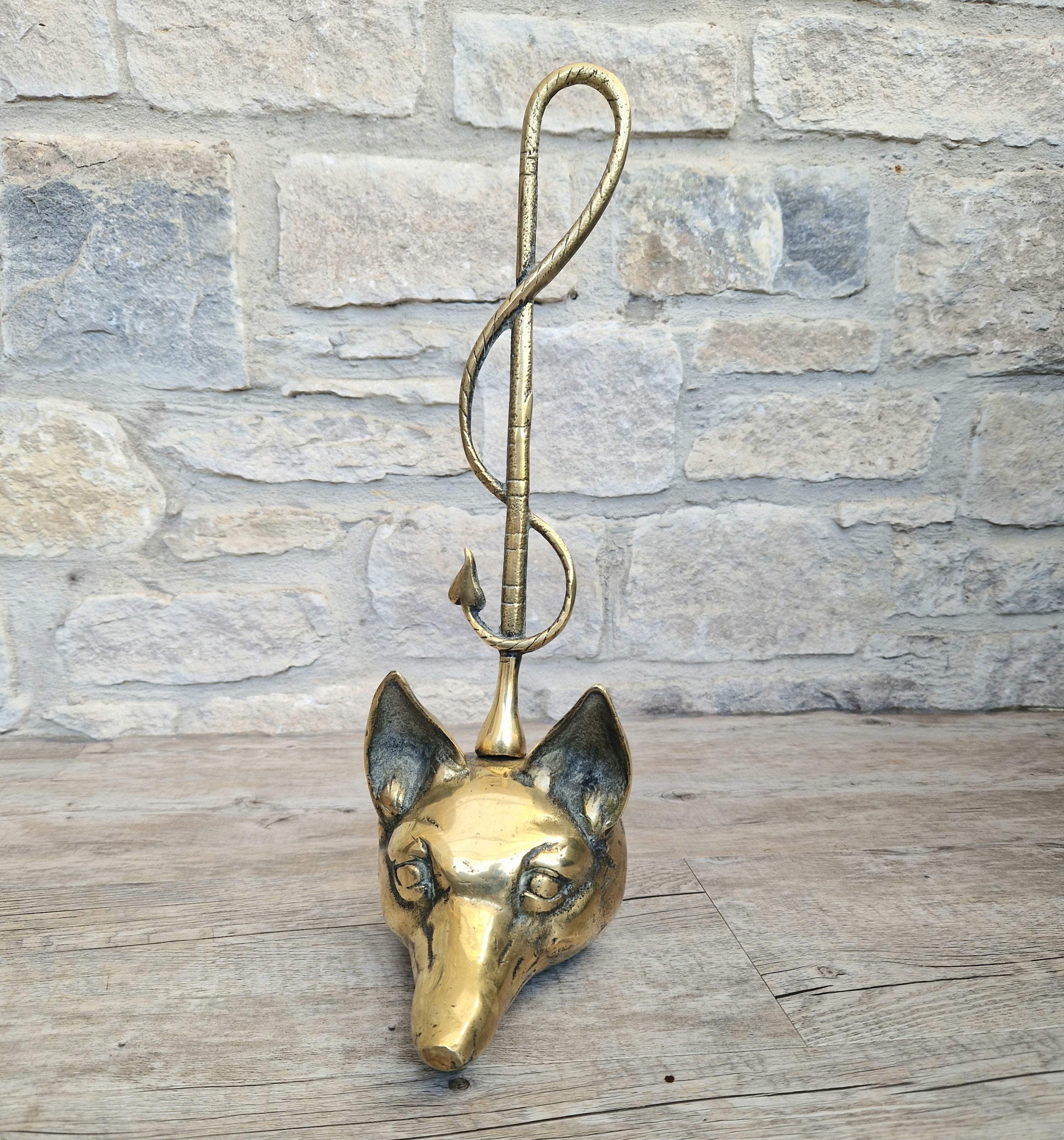 Antique Cast Brass Fox Head Door Porter Door Stop 19th C.