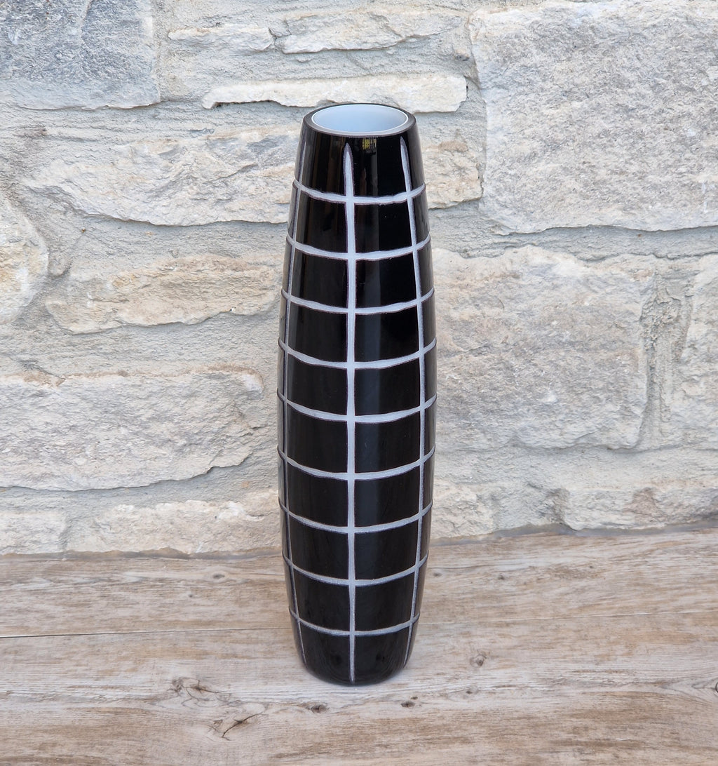 Mid-Century Modern Black & White Cased Cameo Art Glass Tall Geometric Grid Vase