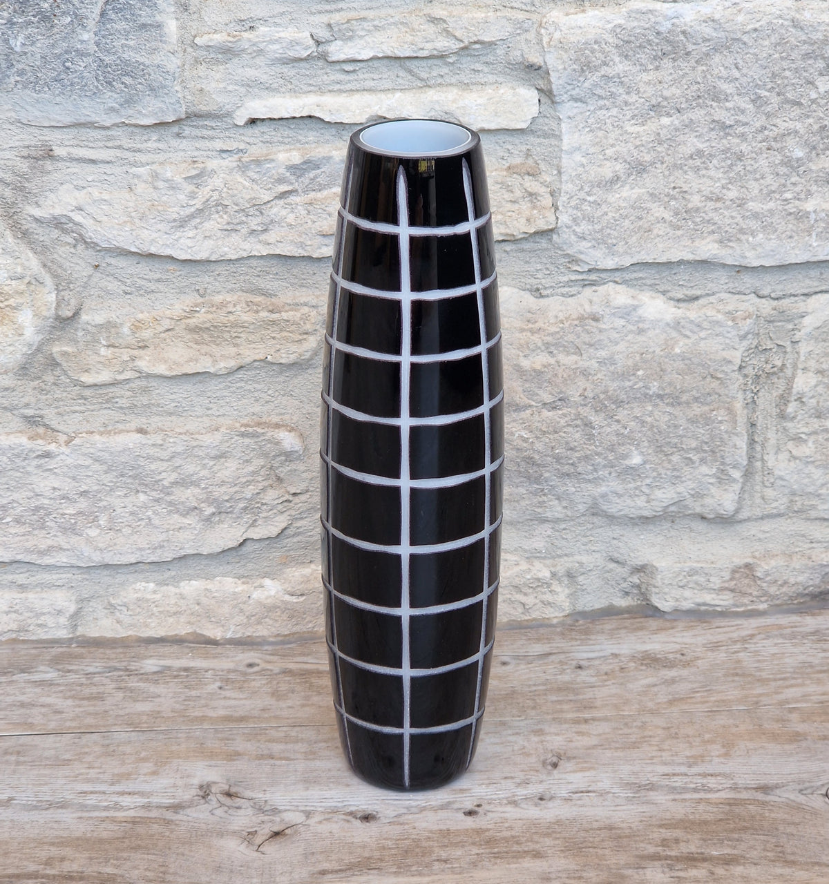 Mid-Century Modern Black & White Cased Cameo Art Glass Tall Geometric Grid Vase