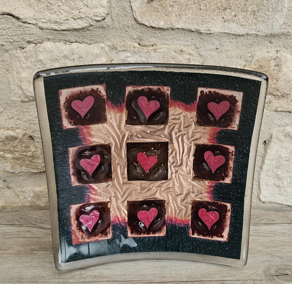 Art Glass Large Love Heart Fused Glass Curved Square Centrepiece 19cm Square