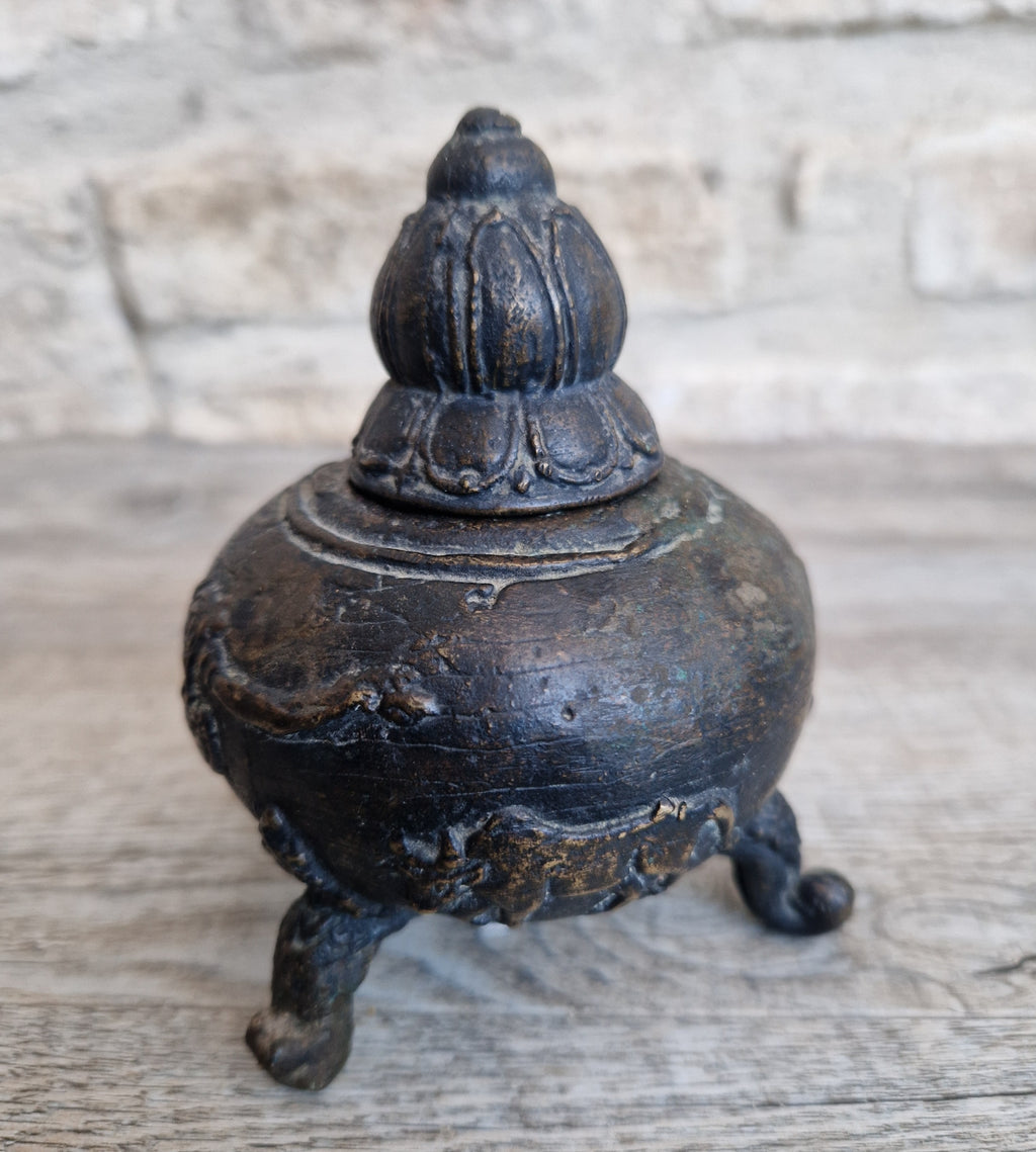 Ancient Chinese Bronze Tri-Foot Lidded Censer Mythic Creatures Reliefs