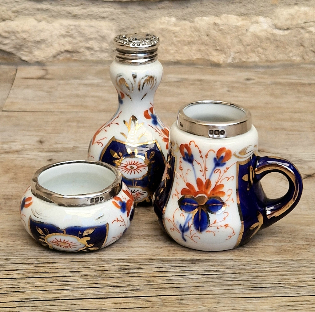 Antique 1904 London Sterling Silver Imari Cruet Set Salt Pepper Mustard Pot Victorian Condiment