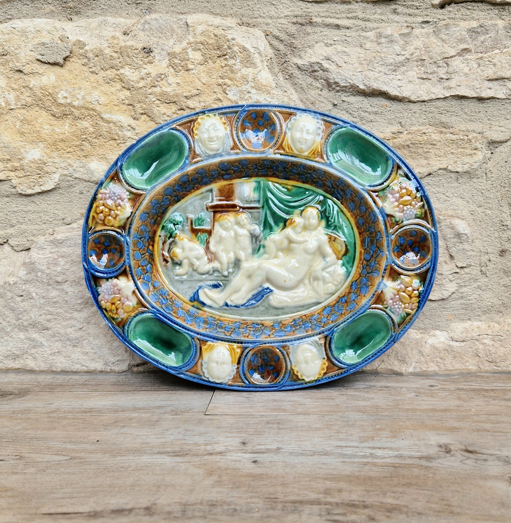 Antique Majolica Neoclassical Oval Serving Dish With Decorative Putti & Masks