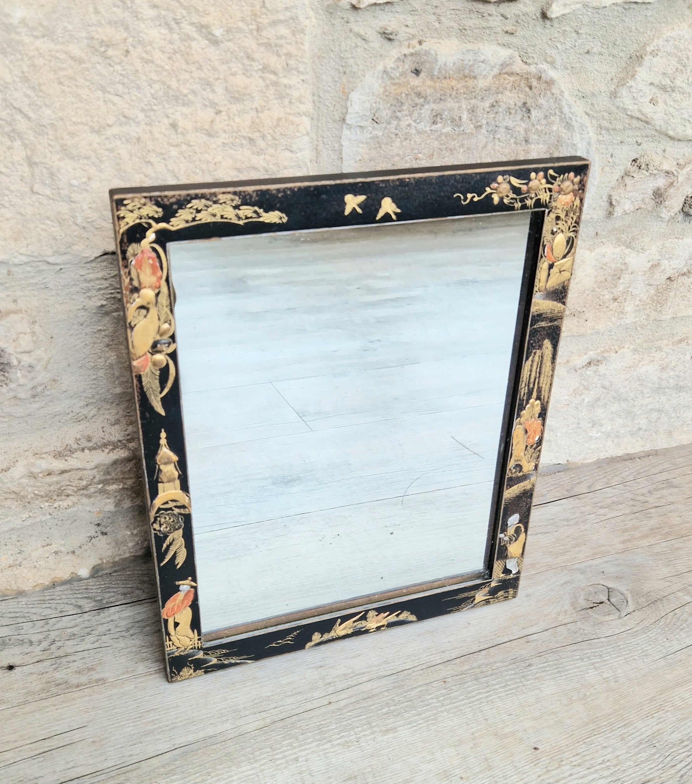 Antique Edwardian Chinoserie Black & Gilt Japanned Rectangular Wall Mirror