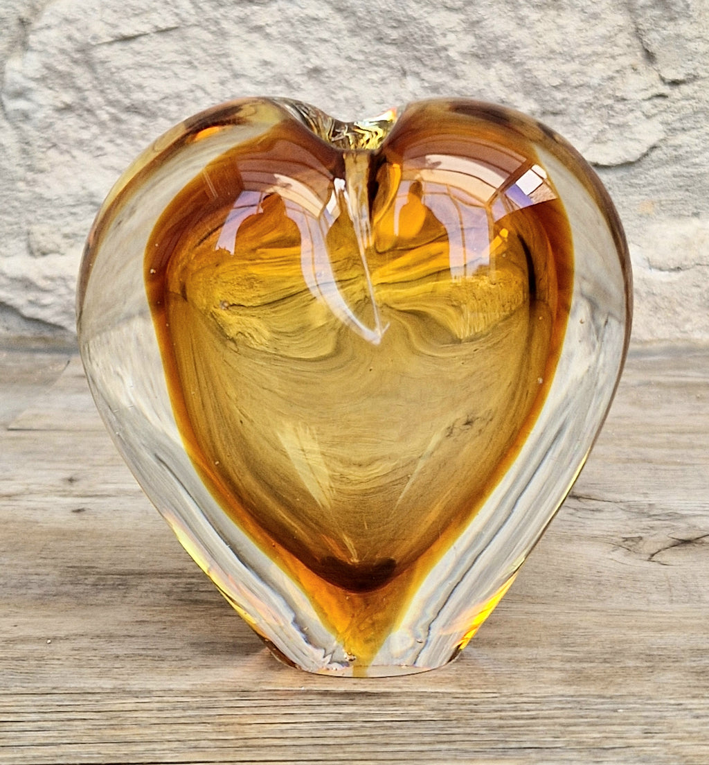 Vintage Mid Century Murano Sommerso Amber Art Glass Heart Vase Paperweight Seguso Sculptural Decor