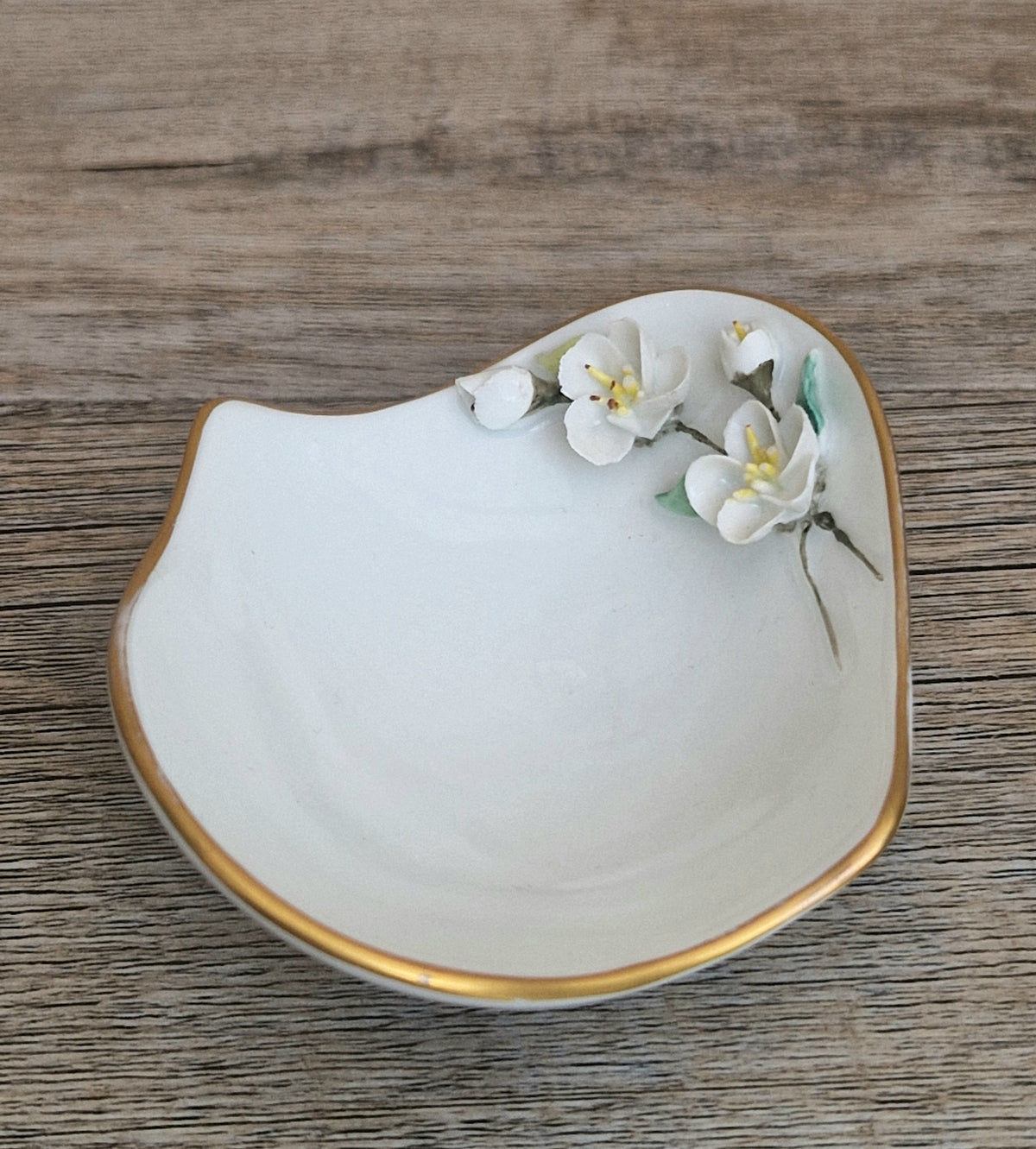 Fine European Porcelain Leaf Dish with Applied White Flowers, Gilt Rim, Blue Unidentified Mark, Vintage