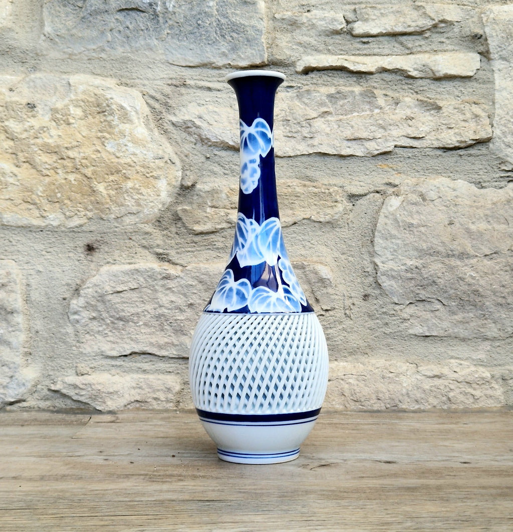 Japanese Arita Hasami Porcelain Vase Reticulated Open Lattice Cobalt Blue & White 24cm