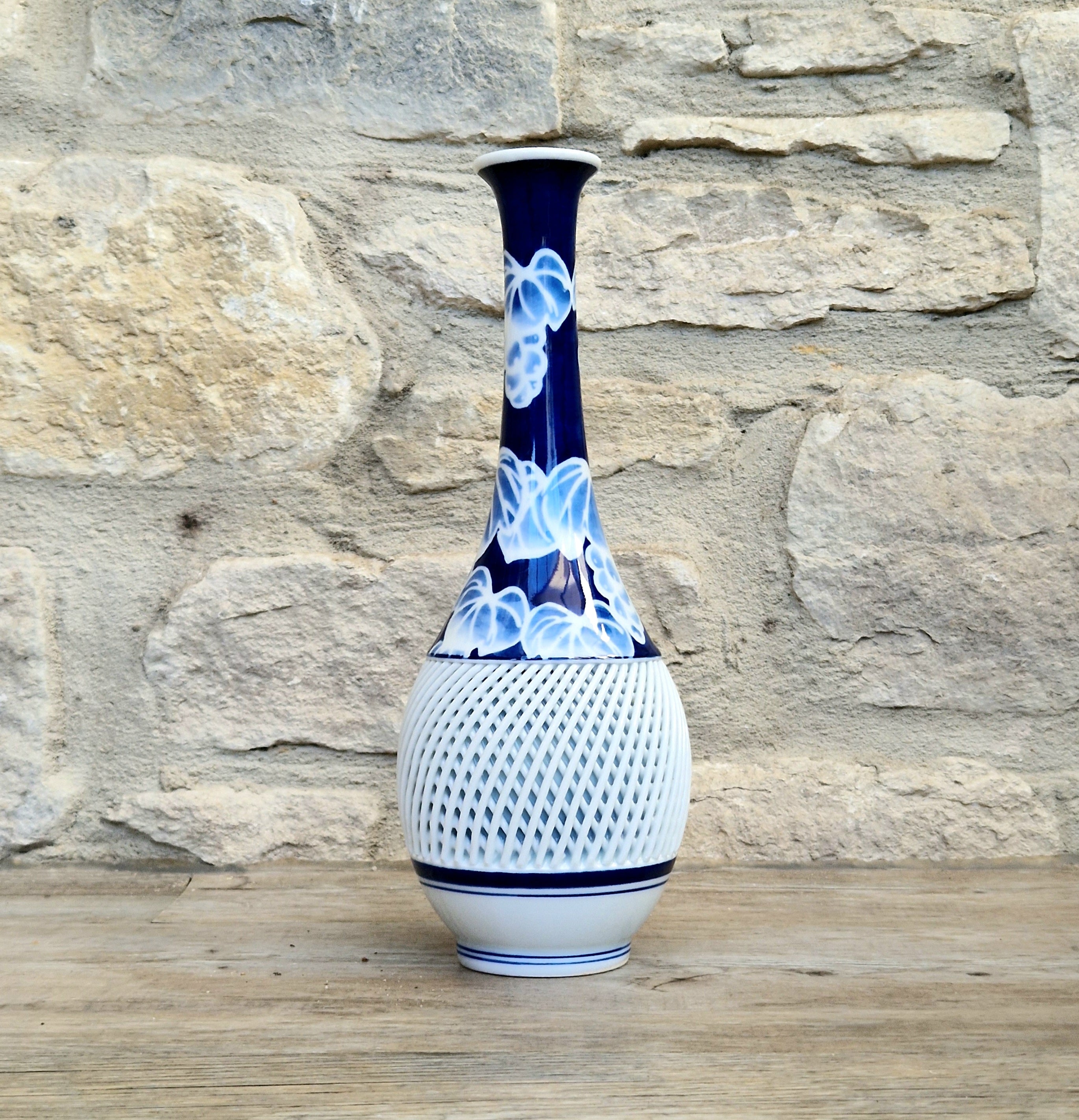 Japanese Arita Hasami Porcelain Vase Reticulated Open Lattice Cobalt Blue & White 24cm