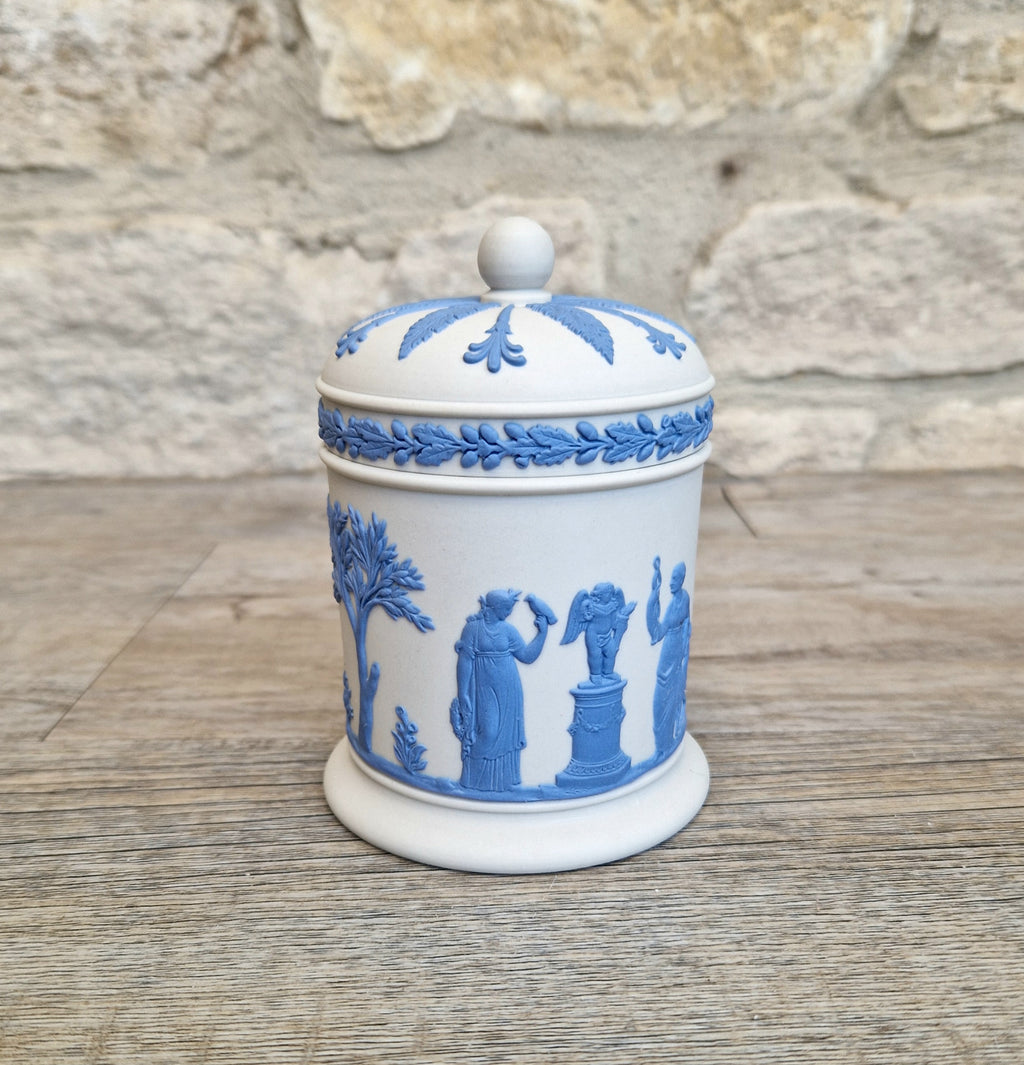 Wedgwood Jasperware Neo Classical Lidded Pot Reverse Blue on White Vintage Wedgwood Made in England