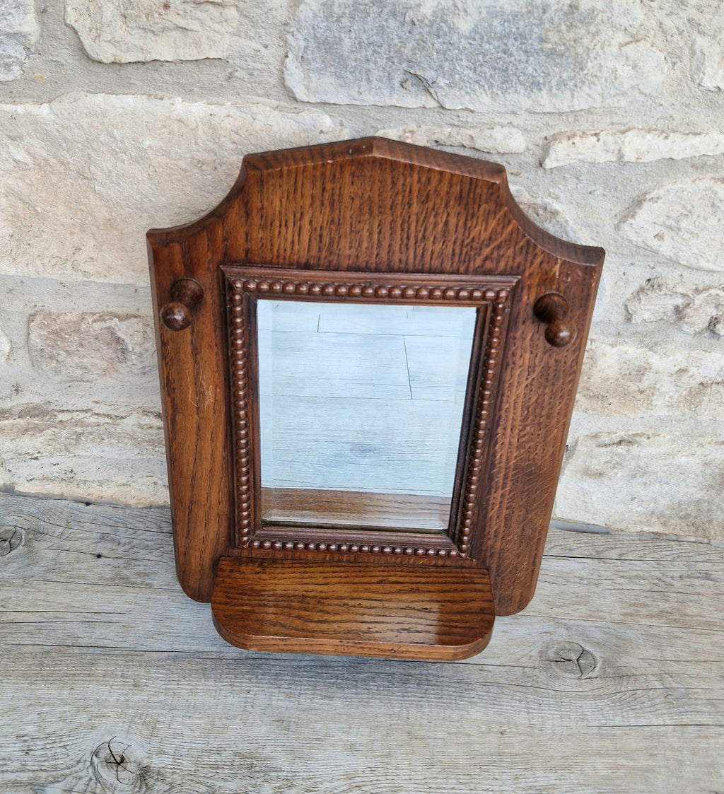 English Oak Arts & Crafts Wall Mirror Bevelled And Beaded Antique Mirror With Shelf And Hooks