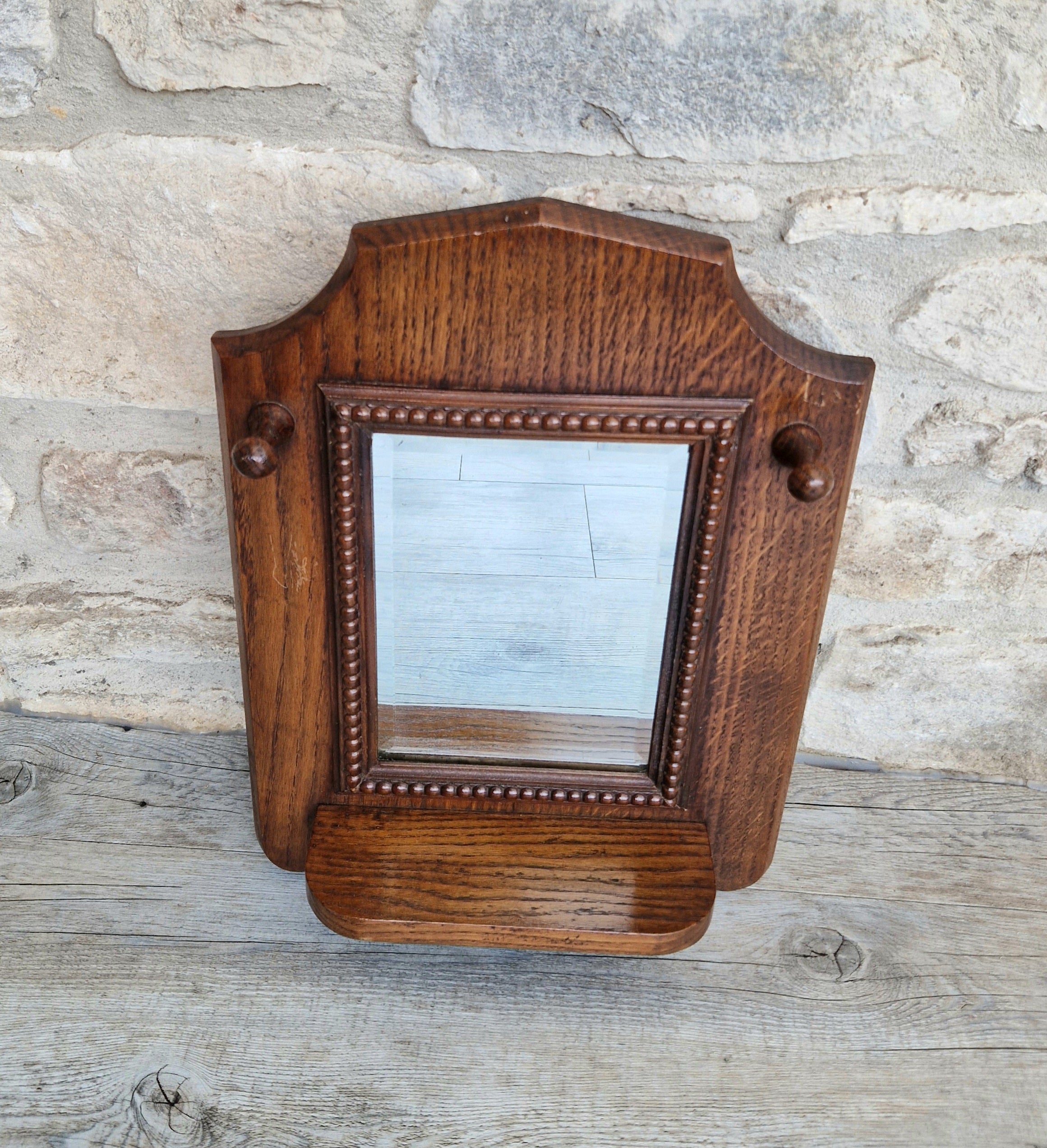 English Oak Arts & Crafts Wall Mirror Bevelled And Beaded Antique Mirror With Shelf And Hooks