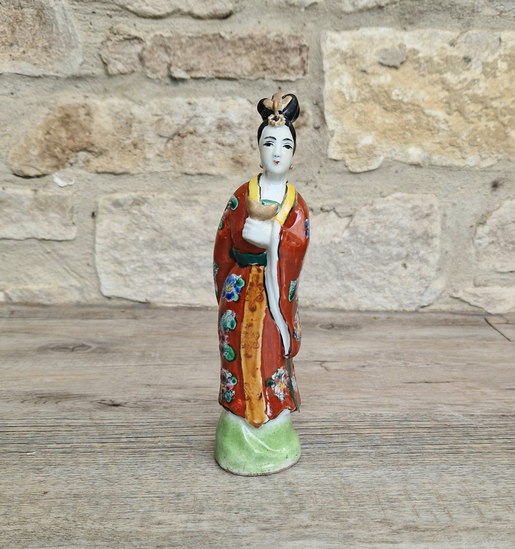 Antique Chinese Qing Hand-Painted Porcelain Figurine Statue Ho Hsien-Ku Daoist Immortal Maiden