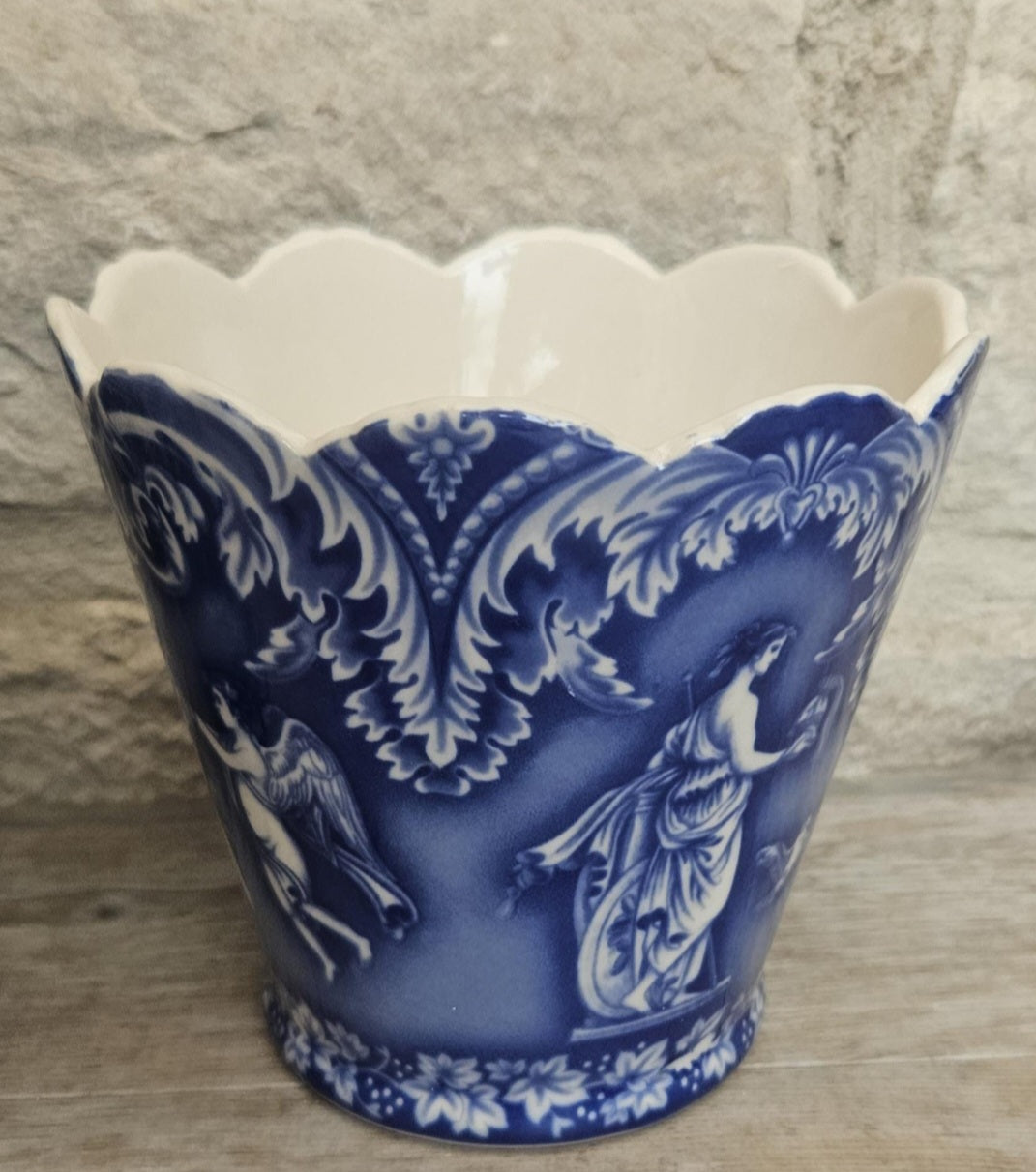Vintage Pair Cache Pots Planters Blue & White Neoclassical Scalloped Edge Staffordshire Pottery England