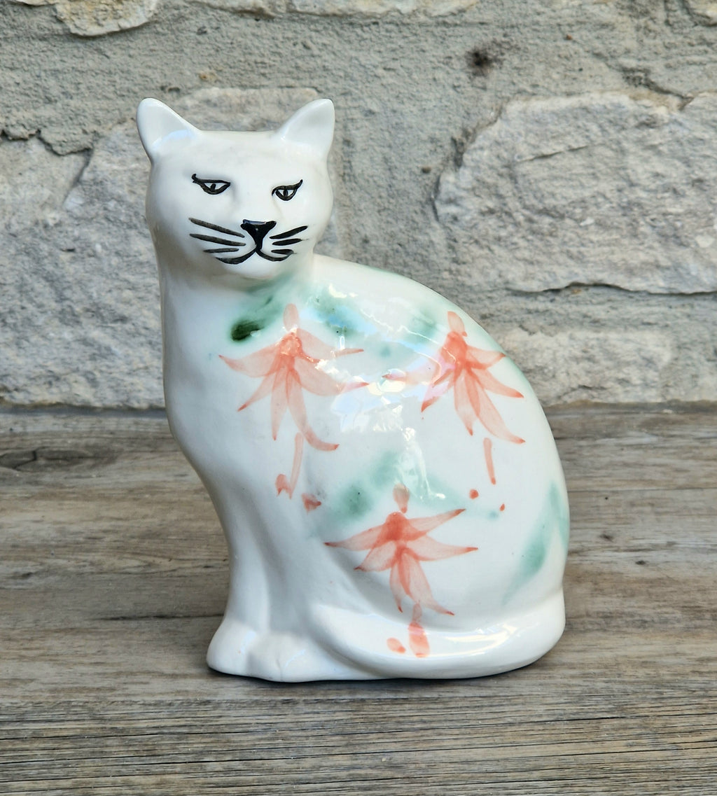 Vintage Moorland Pottery Seated Cat Figurine Hand Painted Fuchsia Floral Staffordshire Art Pottery