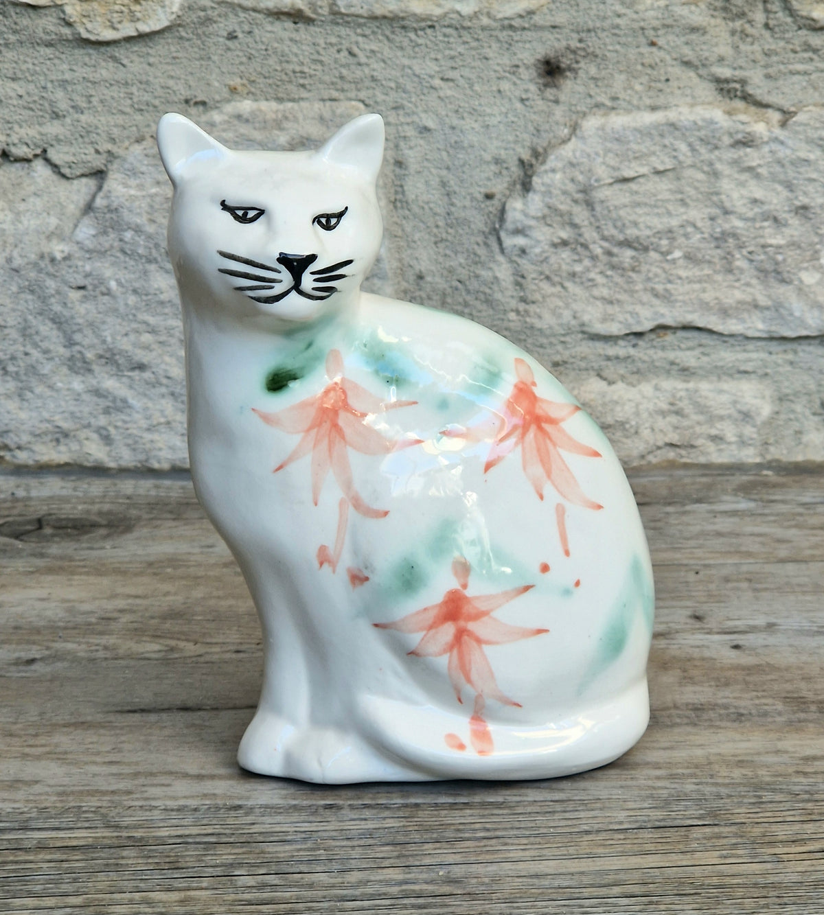 Vintage Moorland Pottery Seated Cat Figurine Hand Painted Fuchsia Floral Staffordshire Art Pottery