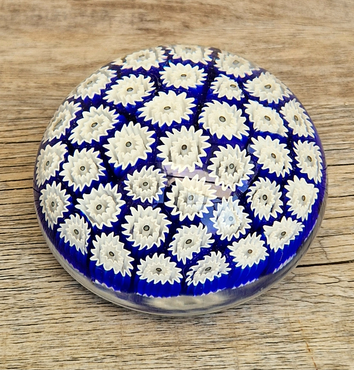 ALT Studio Murano Glass Deep Blue & White Star Flower Millifiore Paperweight