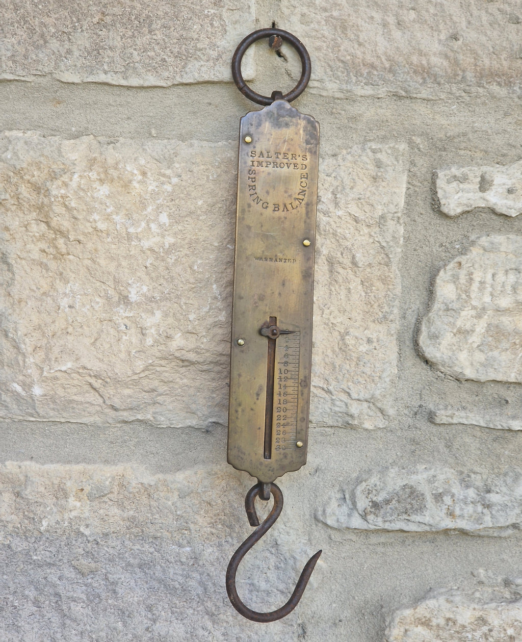 Antique Salter Improved Brass Spring Balance Scale Hanging Pocket Scales 32.5cm Working