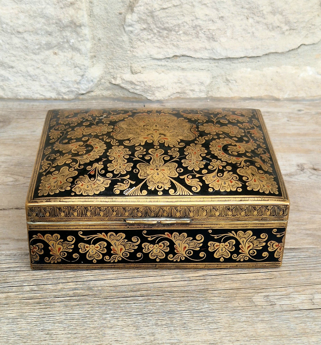 Vintage Brass Black Enamelled Large Ornate Teak-Lined Desk Cigar Box