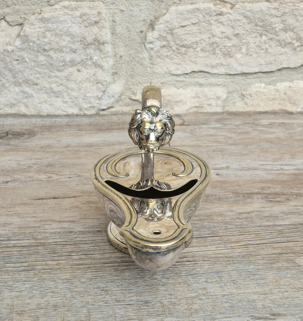 Antique Victorian Silver Plated Spoon Warmer Brass Oil Lamp Style Lion Mask Handle