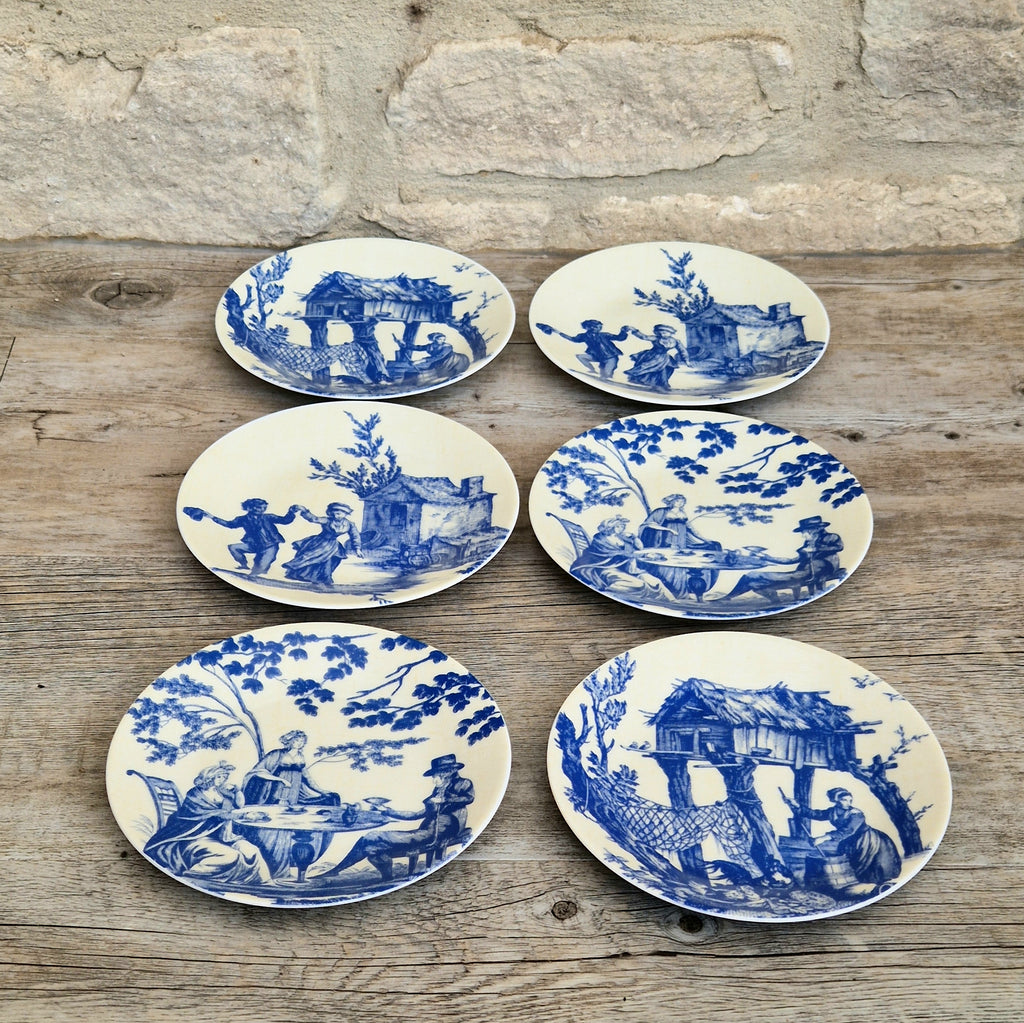Set of Six Toile De Jouy Blue Salad or Dessert Plates Philippe Deshoulieres France. Boxed & Unused
