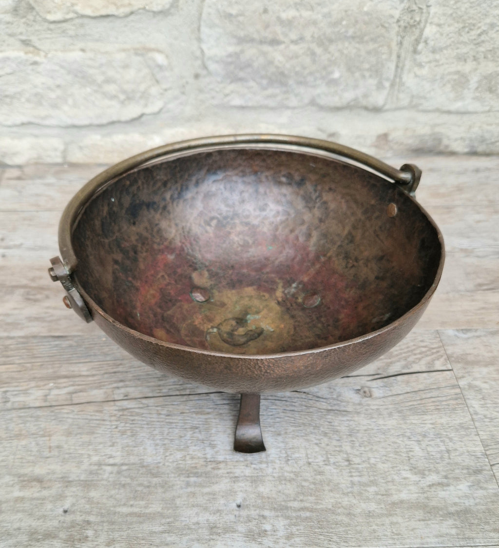 Antique Arts & Crafts Hand Beaten Solid Copper Brass Handled Tri-Foot Planter Bowl c.1890-1900's
