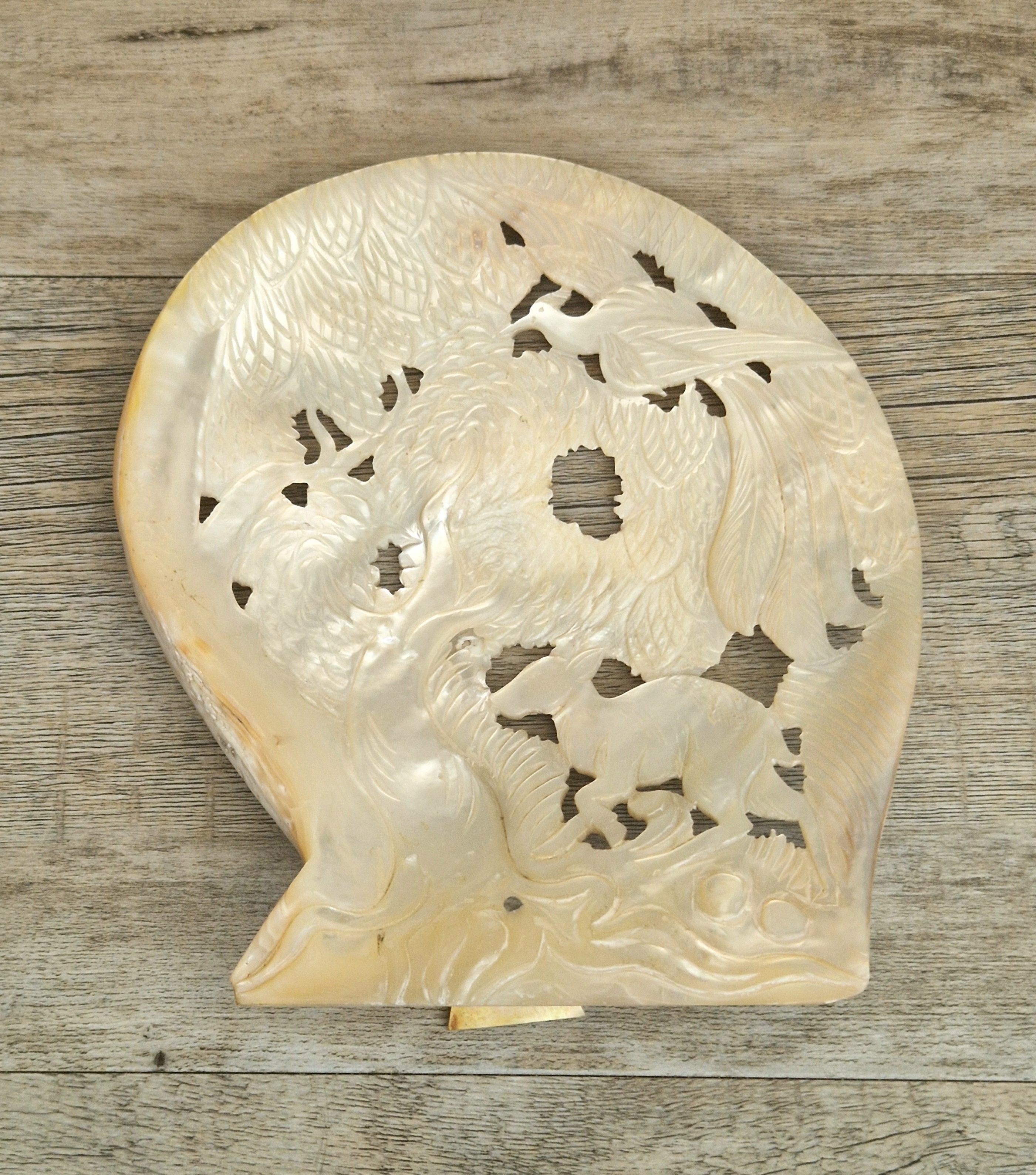 Vintage Chinese Carved Large Mother Of Pearl Shell Animal Birds Forest Scene