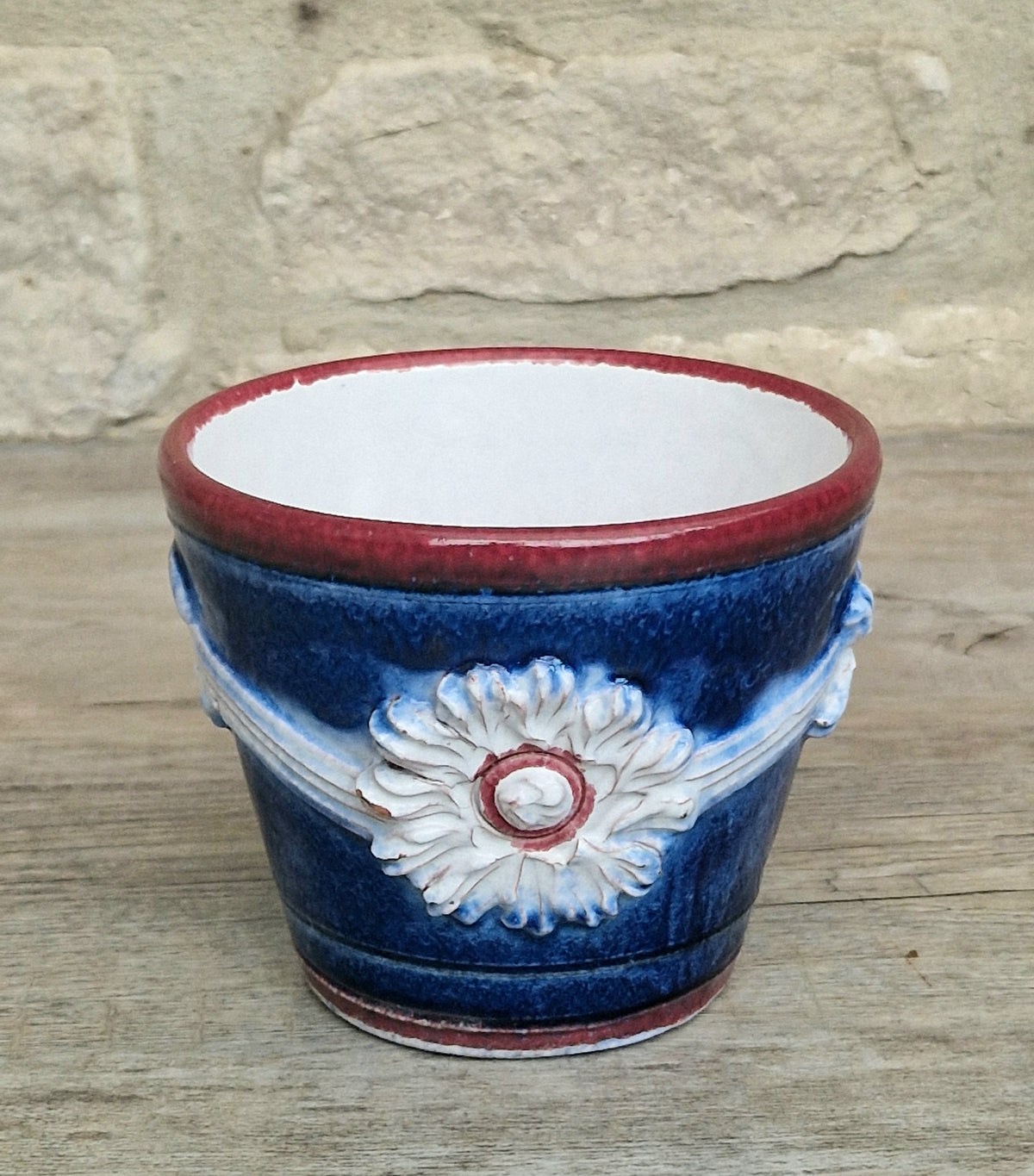 Italian Majolica Ceramic Blue & Red Floral Planter Vase Vintage