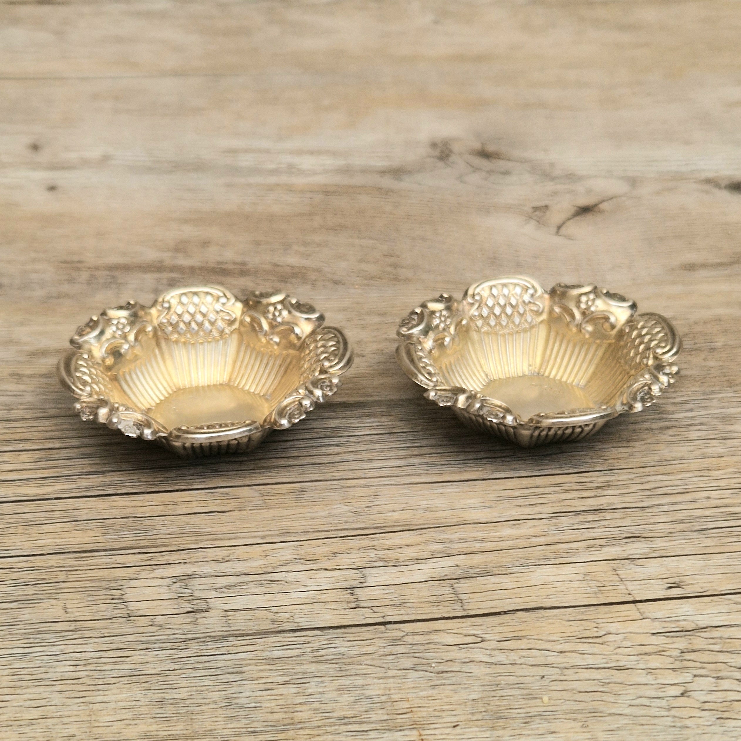 2 x 1897 Sterling Silver Ornate Open Salts by Thomas Hazlewood Birmingham England Antique