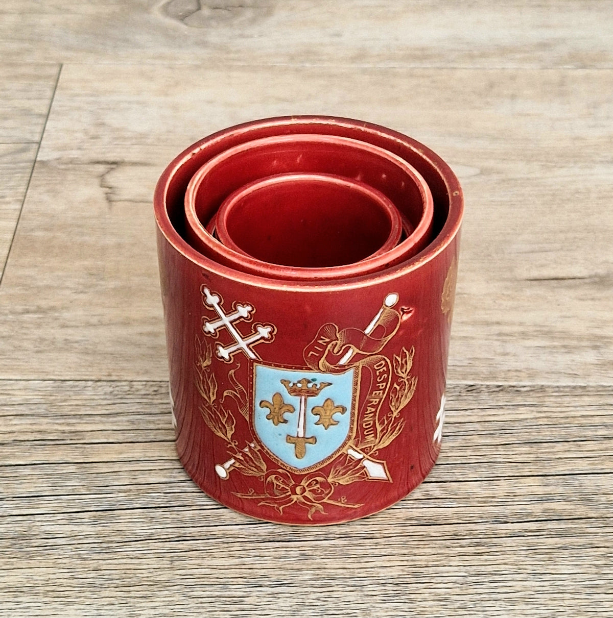 Rare Antique French Lunéville Ceramic Nesting Beakers, Keller & Guérin, Lorraine Heraldry, Nil Desperandum, c.1890 Set