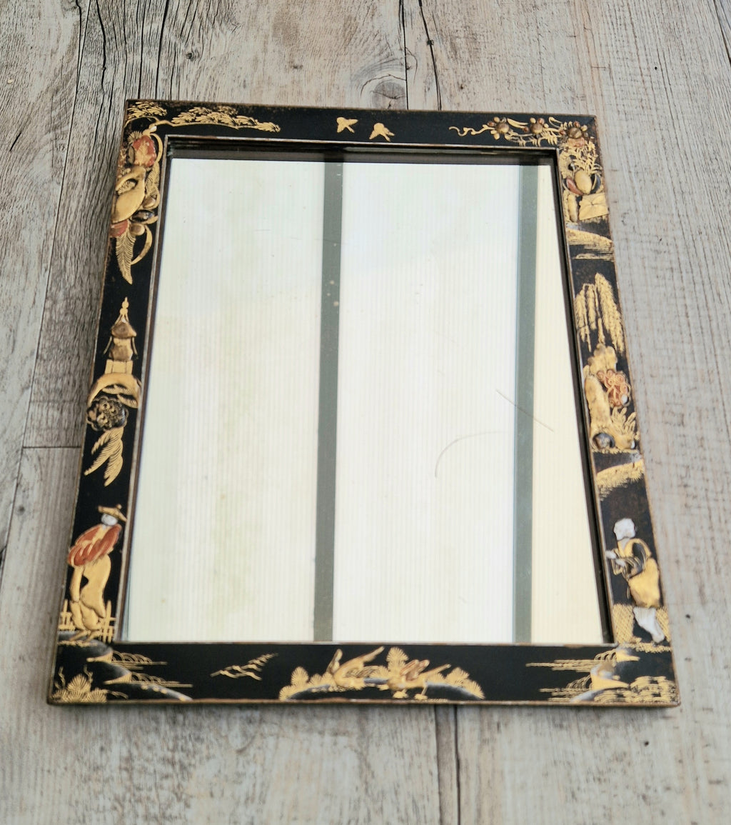 Antique Edwardian Chinoserie Black & Gilt Japanned Rectangular Wall Mirror