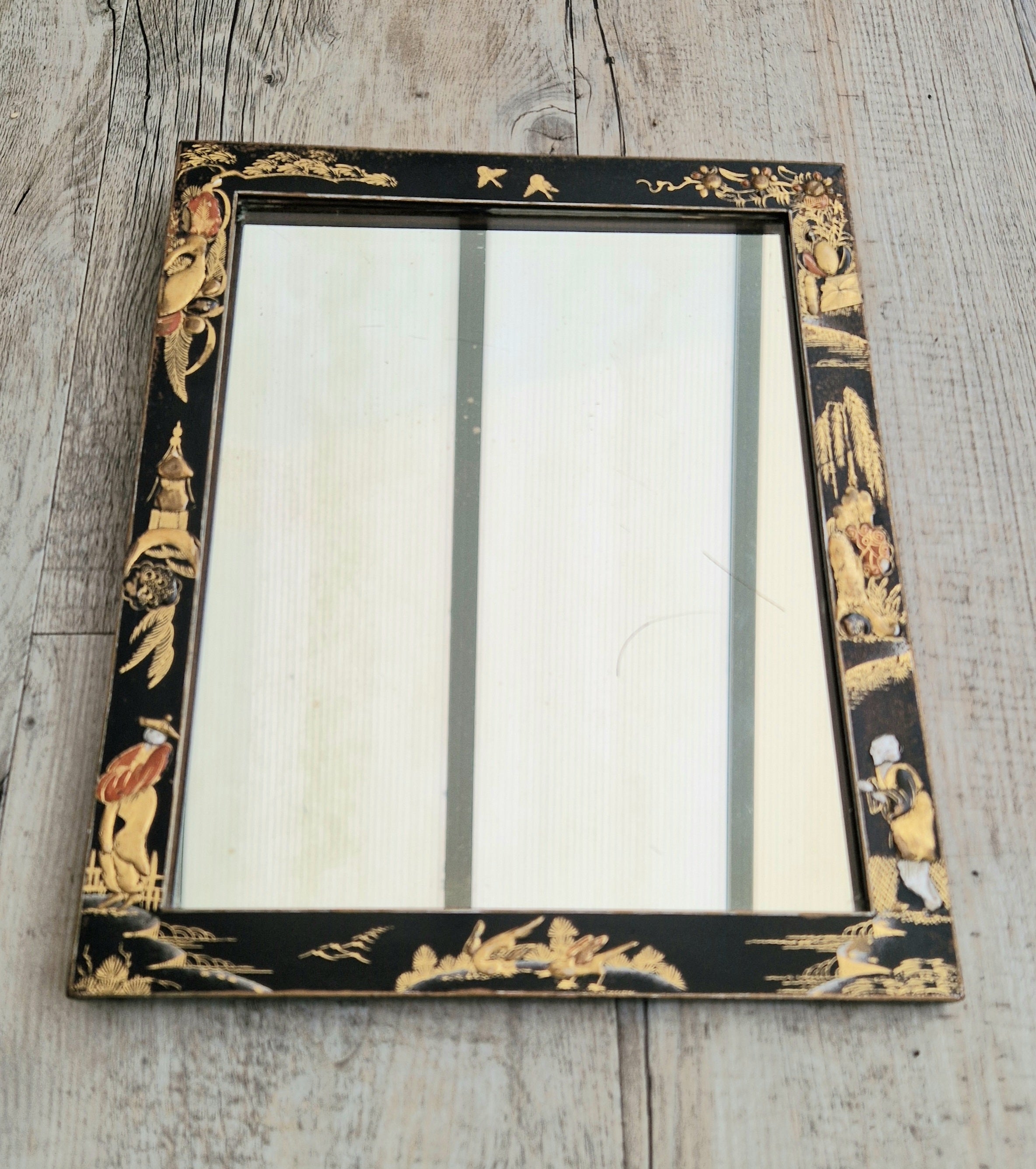 Antique Edwardian Chinoserie Black & Gilt Japanned Rectangular Wall Mirror