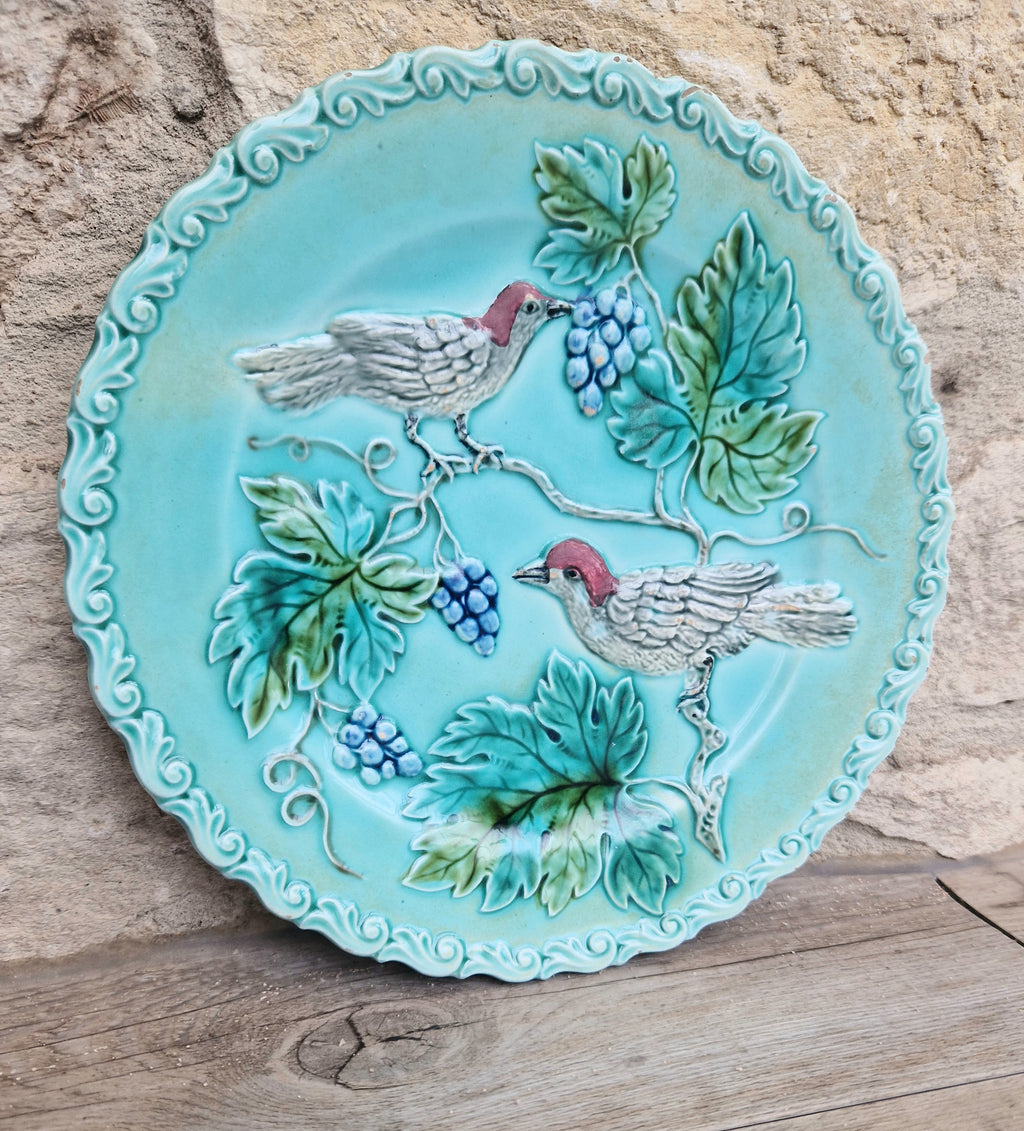 Antique Art Nouveau Continental Majolica Birds & Grapes Decorative Plate 19.3cm