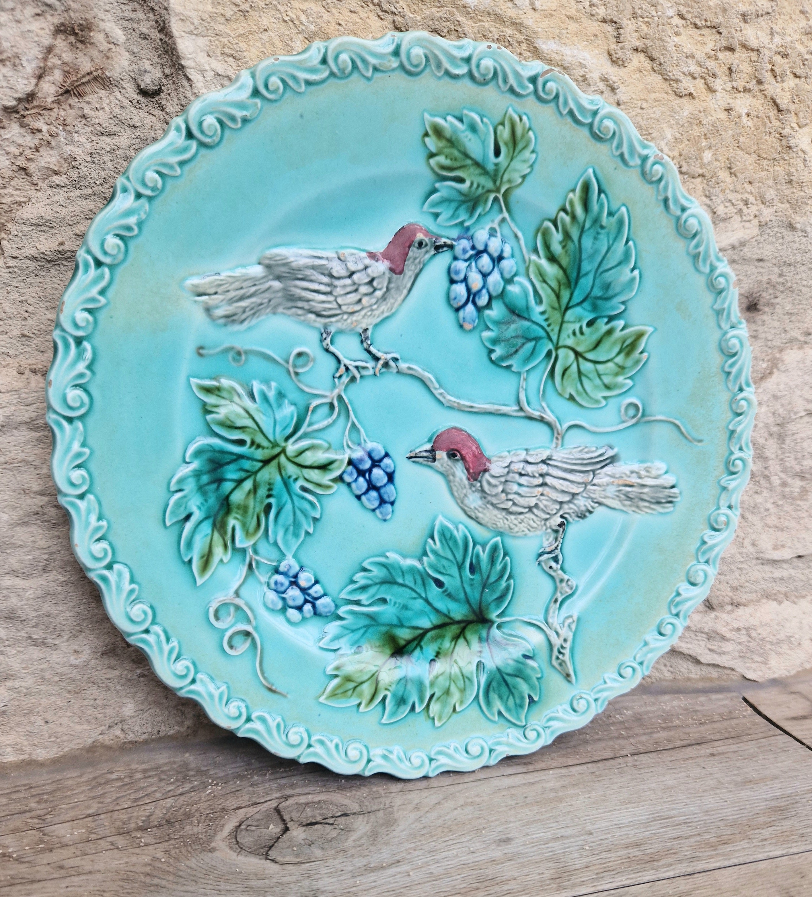 Antique Art Nouveau Continental Majolica Birds & Grapes Decorative Plate 19.3cm