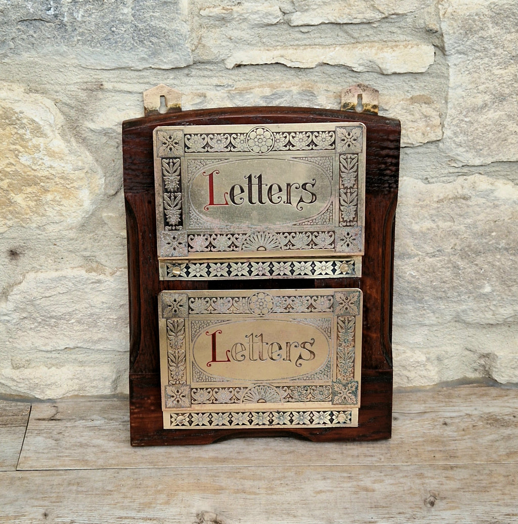 Antique Arts & Crafts Brass And Quarter Sawn Oak Gentleman's Wall Letter Rack