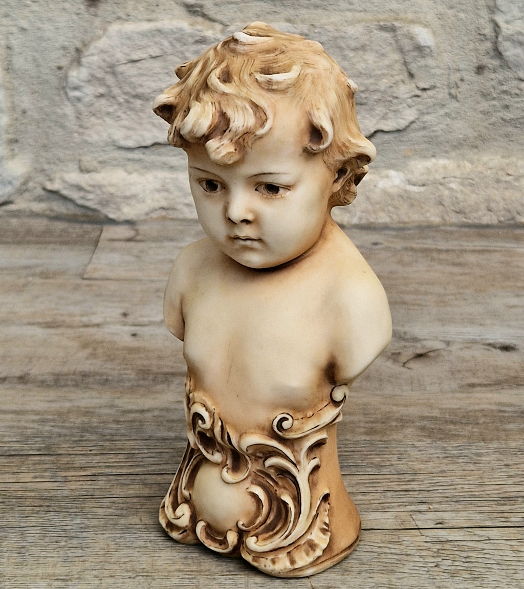 Antique NeoClassical Continental Patinated Bisque Porcelain Putti Boy Bust Figure Ornament