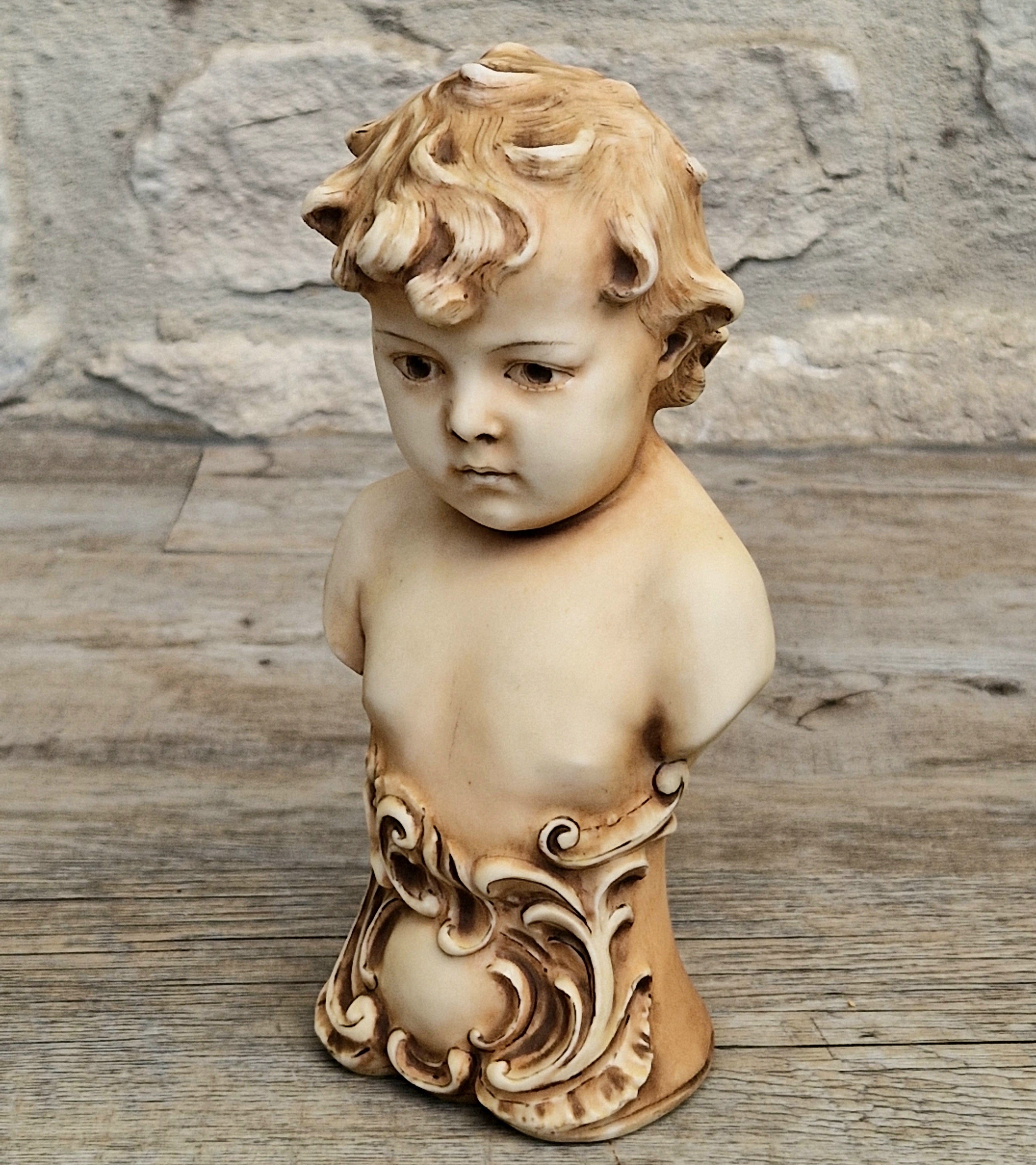 Antique NeoClassical Continental Patinated Bisque Porcelain Putti Boy Bust Figure Ornament
