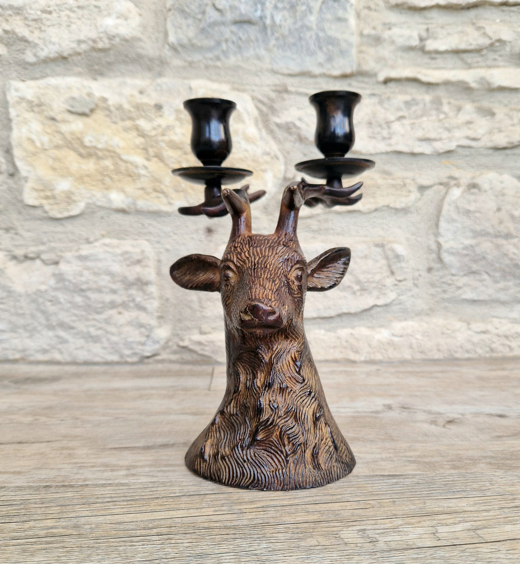 Vintage Heavy Patinated Bronze Stag Head Bust Double Candle Holder Table Decor