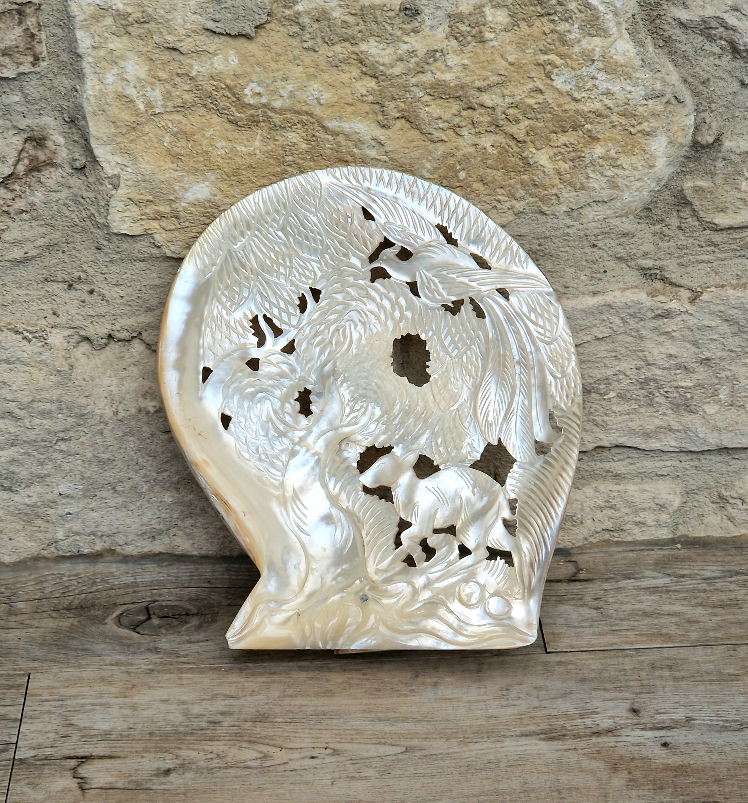 Vintage Chinese Carved Large Mother Of Pearl Shell Animal Birds Forest Scene