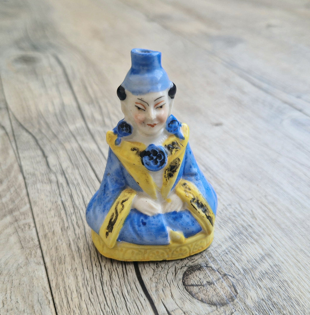 Antique Sitzendorf Ceramic Seated Figure Perfume Bottle - Missing Crown Top