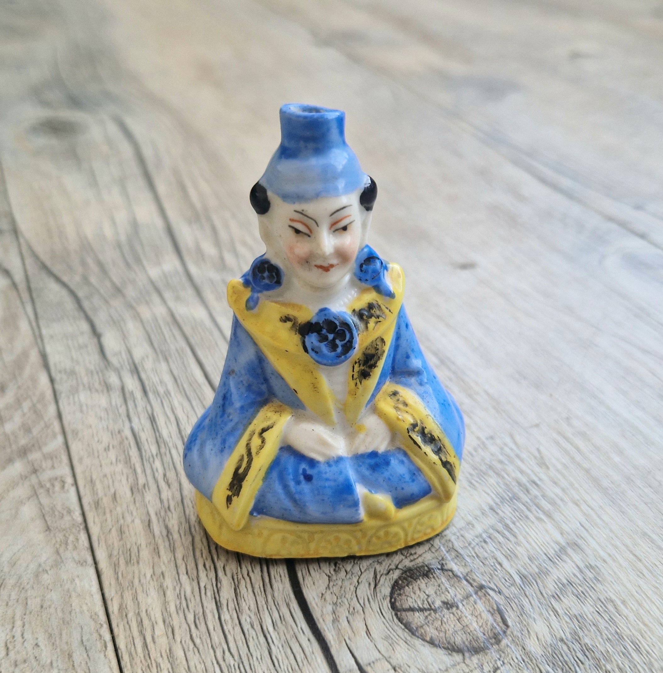 Antique Sitzendorf Ceramic Seated Figure Perfume Bottle - Missing Crown Top