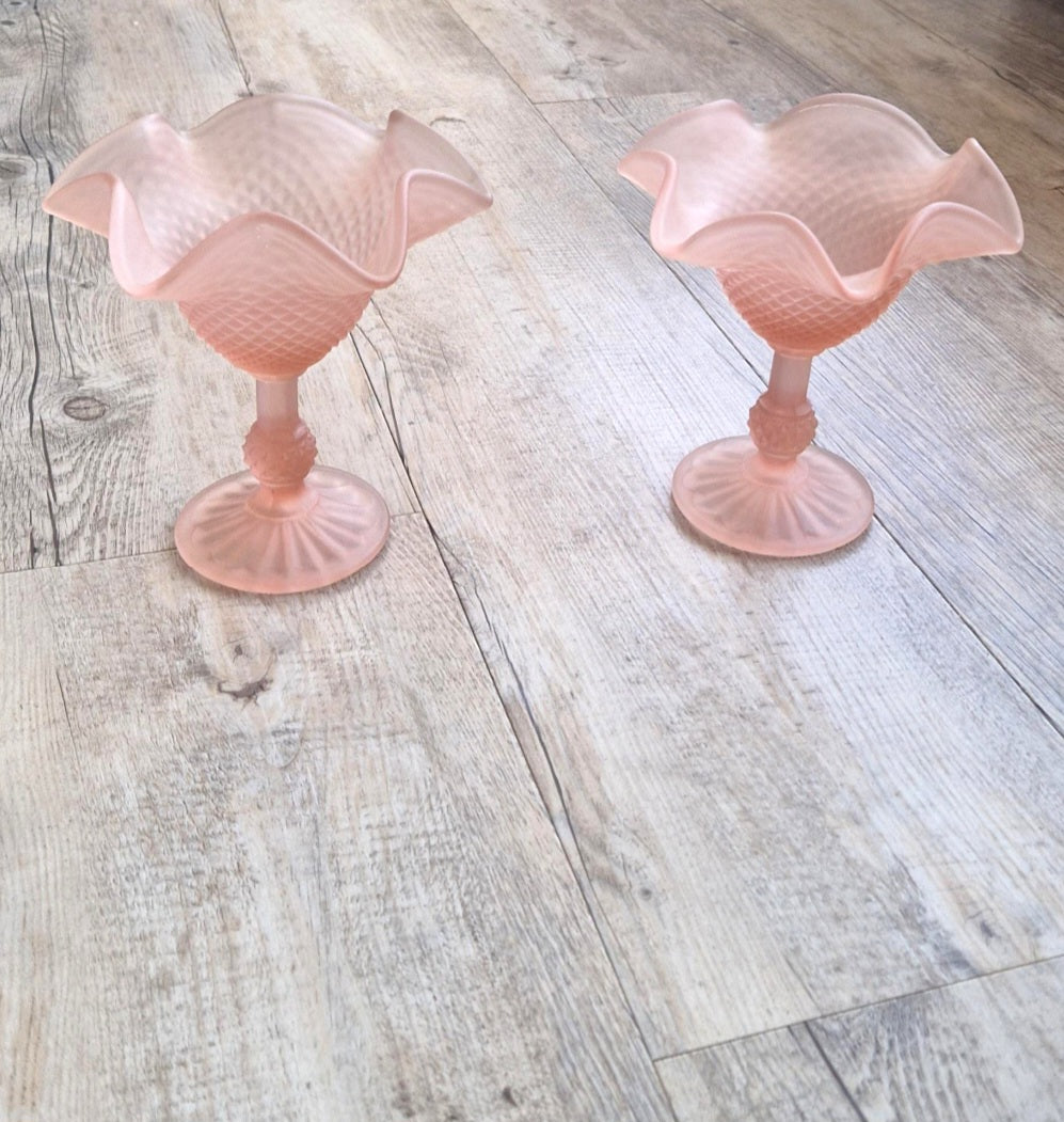 Vintage Pink Satin Glass Hobnail Pedestal Sundae Dessert Glasses Set of 2 Retro Dishes