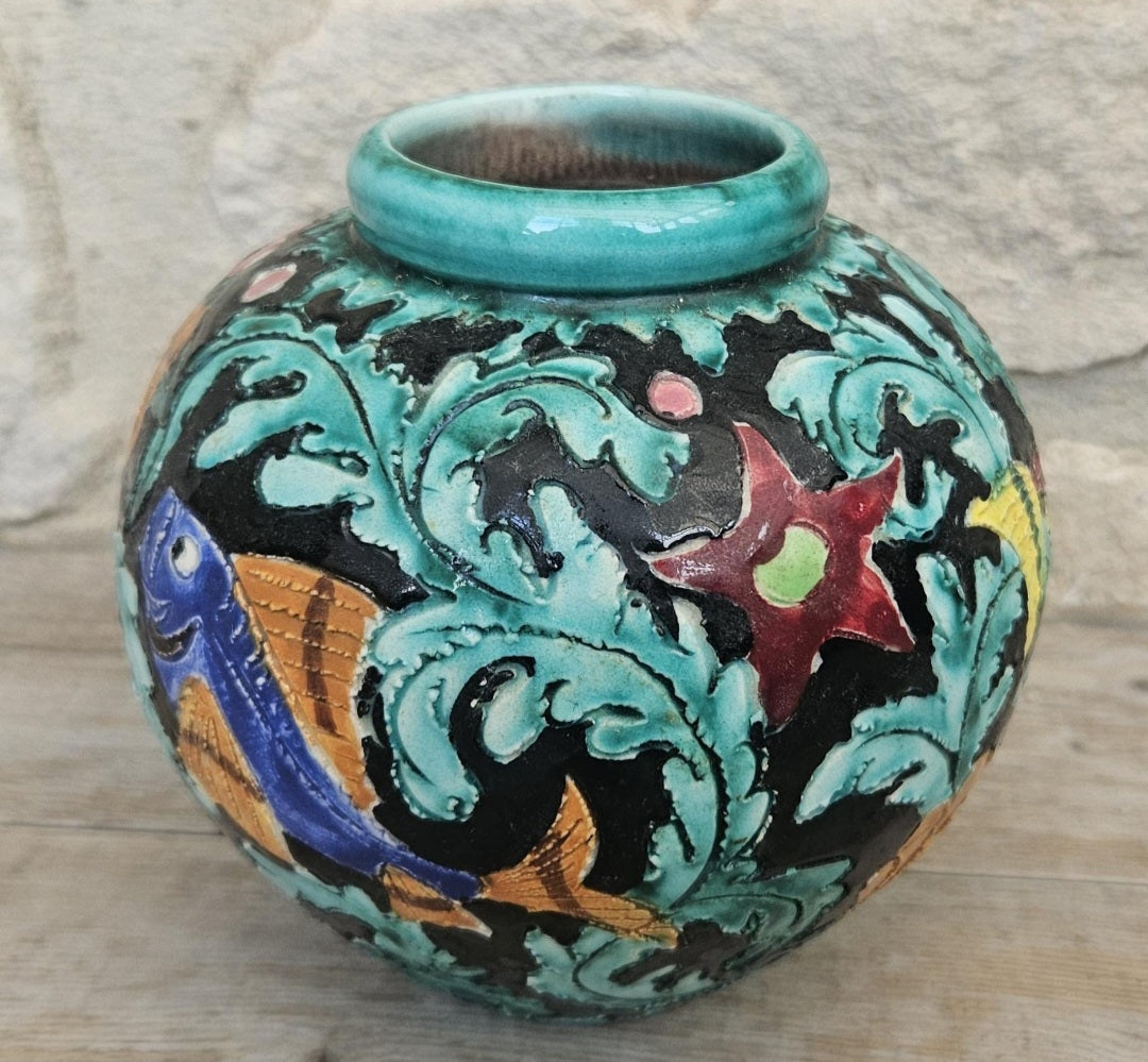 Midcentury Fish Art Vase Colourful Cerart Monaco Marine Decor 12cm Tall