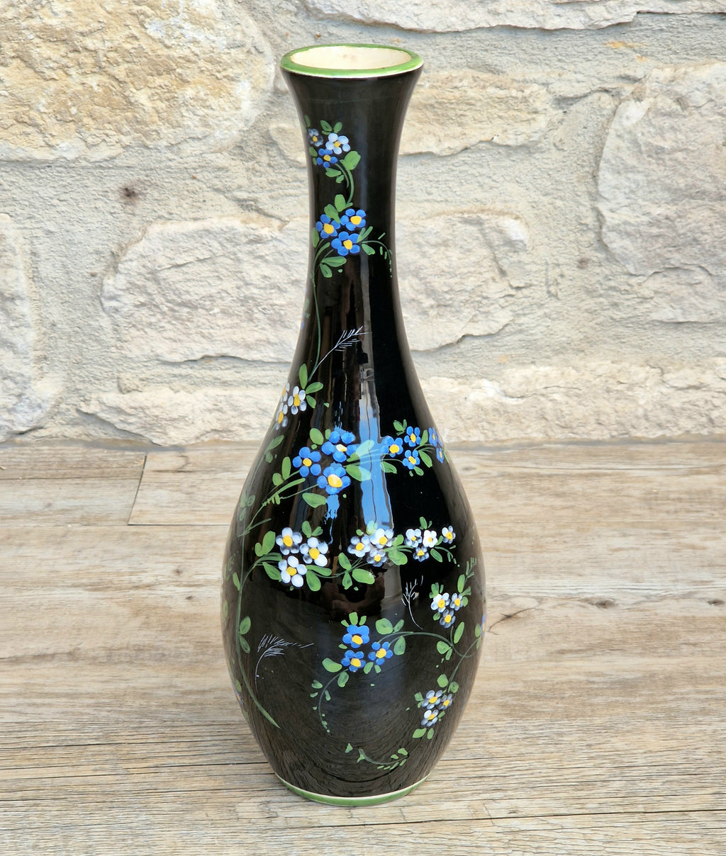 Marmaca San Marino Vase Art Ceramic Black Floral Amphora Tall Bottle Vase 1950's
