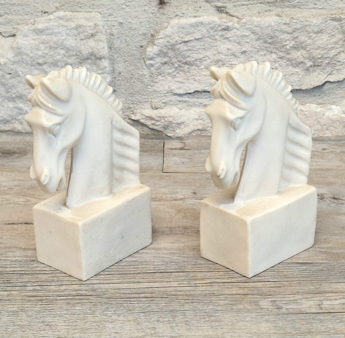 Vintage Continental White Stallion Horse Head Resin Book Ends Ornaments