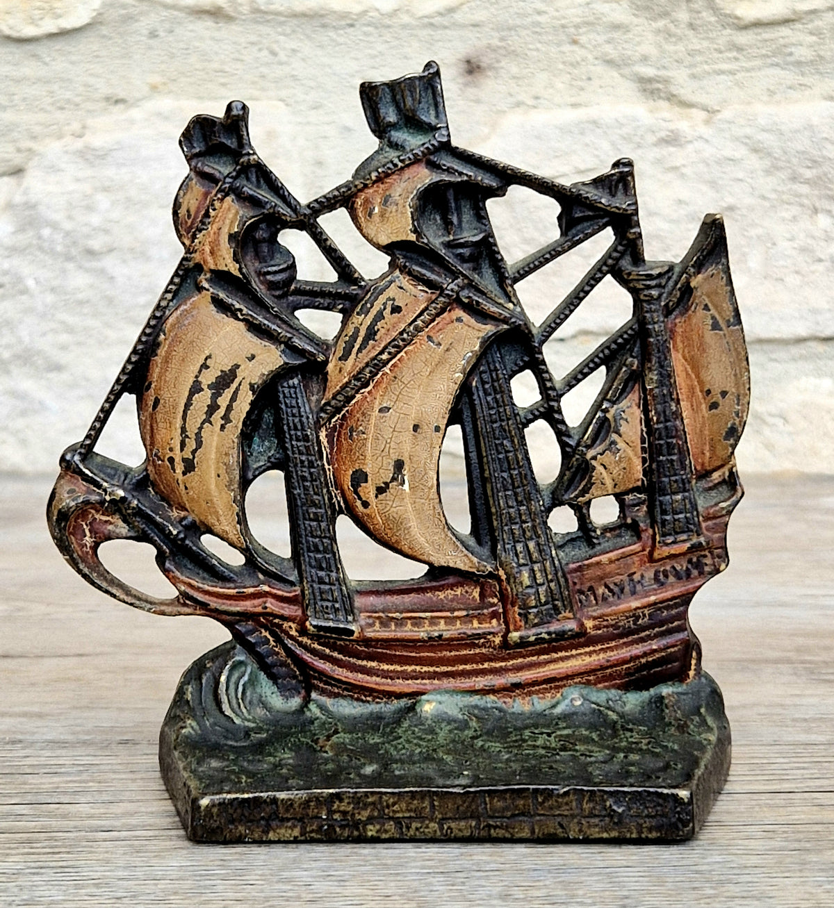 1920s Antique Sand Cast Bronze Mayflower Ship Bookend Paperweight Pattern 110 Original Paint